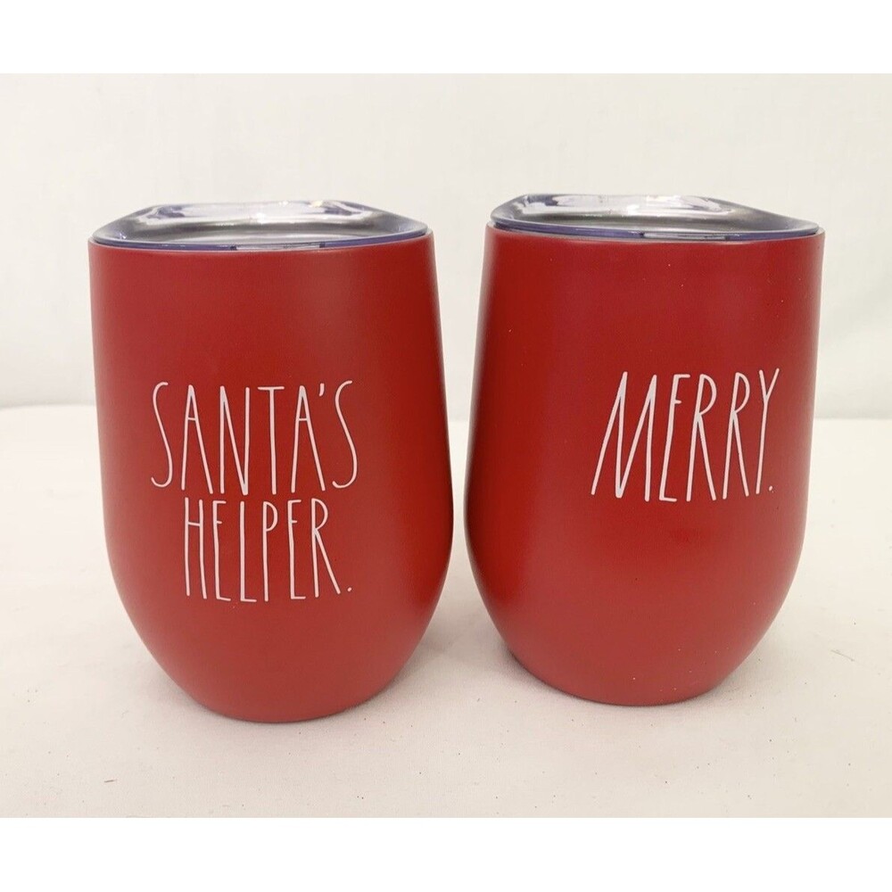 (2) Lot Rae Dunn Christmas SANTA'S HELPER & MERRY Stainless Steel Wine Tumbler